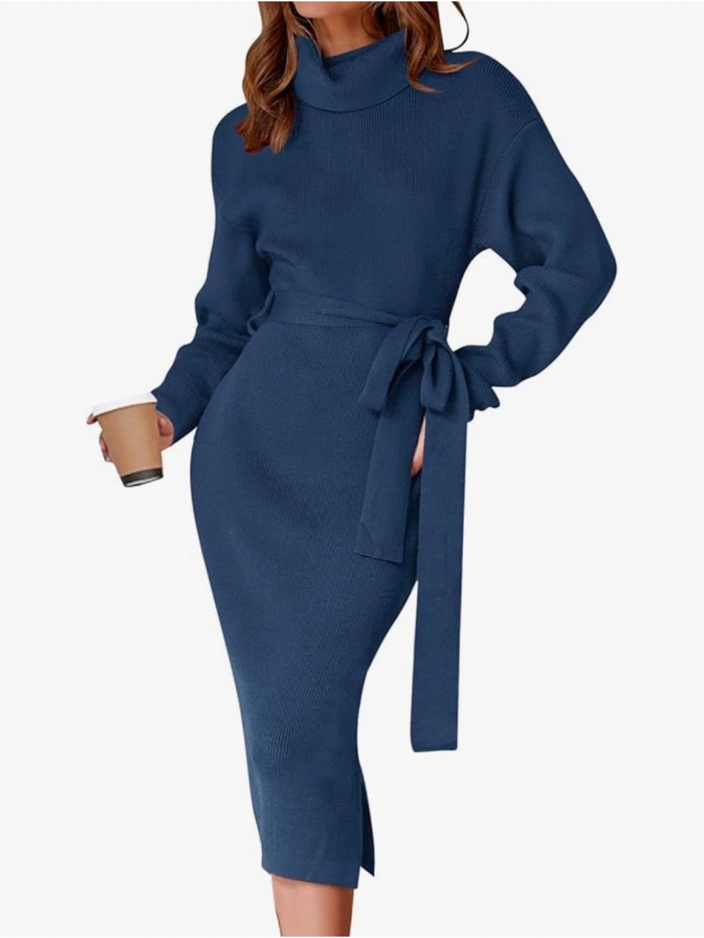 Blue Turtleneck Long Sleeve Knit Midi Dress with Waist Tie
